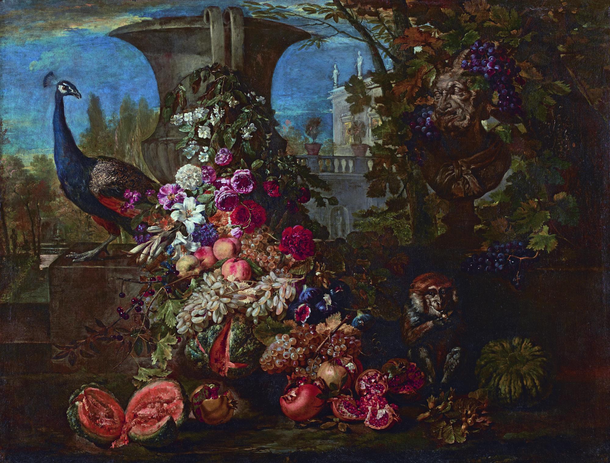 David De Coninck - Still Life With A Peacock And Monkey In A Wooded Landscape