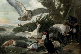 David de Coninck - Waterfowl under attack by two Springer Spaniels and a buzzard, in a river landscape