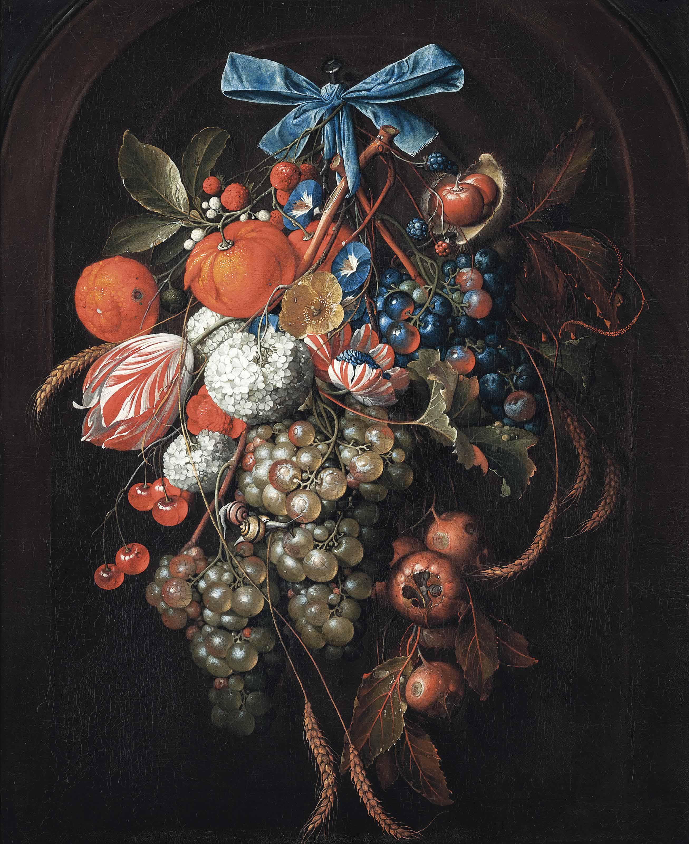 David De Heem - Hydrangeas, Morning Glories, A Parrot Tulip And Other Flowers With Grapes, Oranges, Cherries, Blackberries, Ears Of Corn, Loquats, And Chestnuts, With Two Snails, Hanging From A Blue Bow In A Feigned Arched Stone Niche