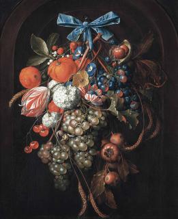 David De Heem - Hydrangeas, Morning Glories, A Parrot Tulip And Other Flowers With Grapes, Oranges, Cherries, Blackberries, Ears Of Corn, Loquats, And Chestnuts, With Two Snails, Hanging From A Blue Bow In A Feigned Arched Stone Niche
