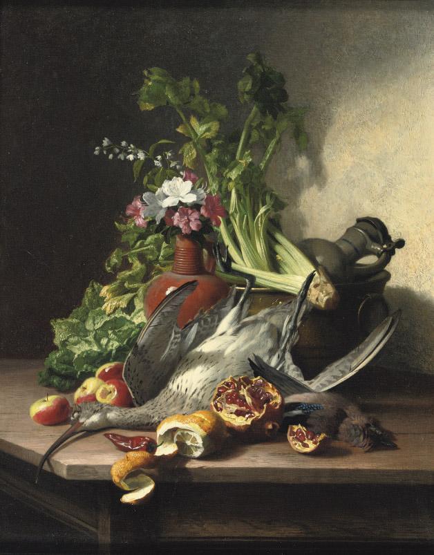 David de Noter - A woodcock, a jay, vegetables, fruit, flowers, a copper cauldron and earthenware jugs