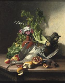 David de Noter - A woodcock, a jay, vegetables, fruit, flowers, a copper cauldron and earthenware jugs