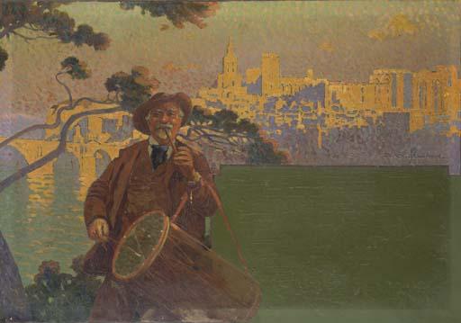 David Dellepiane - Projet Pour Une Affiche: Autoportrait de L\'Artiste Avec Un Tambour Devant Avignon Au Coucher du Soleil