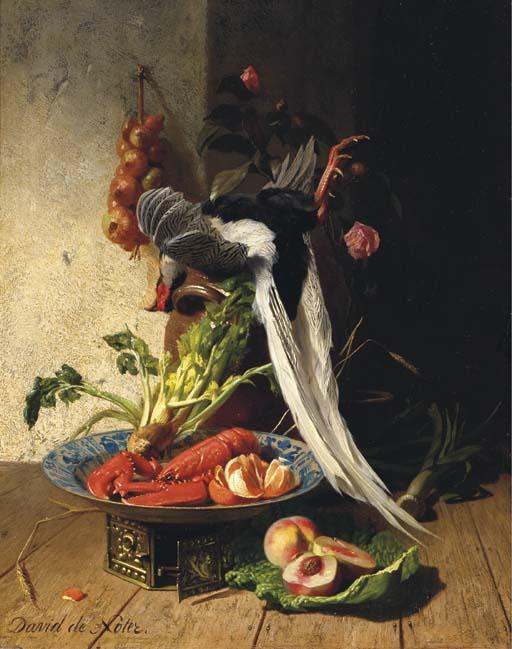 David Emil Joseph de Noter - A kitchen still life with a pheasant, a lobster, various fruits and vegetables