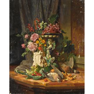 David Émile Joseph de Noter - A Still Life With Flowers, Fruit And Game