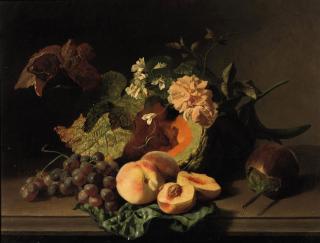 David Emile Joseph de Noter - Roses, peaches, grapes and other fruits and flowers on a ledge