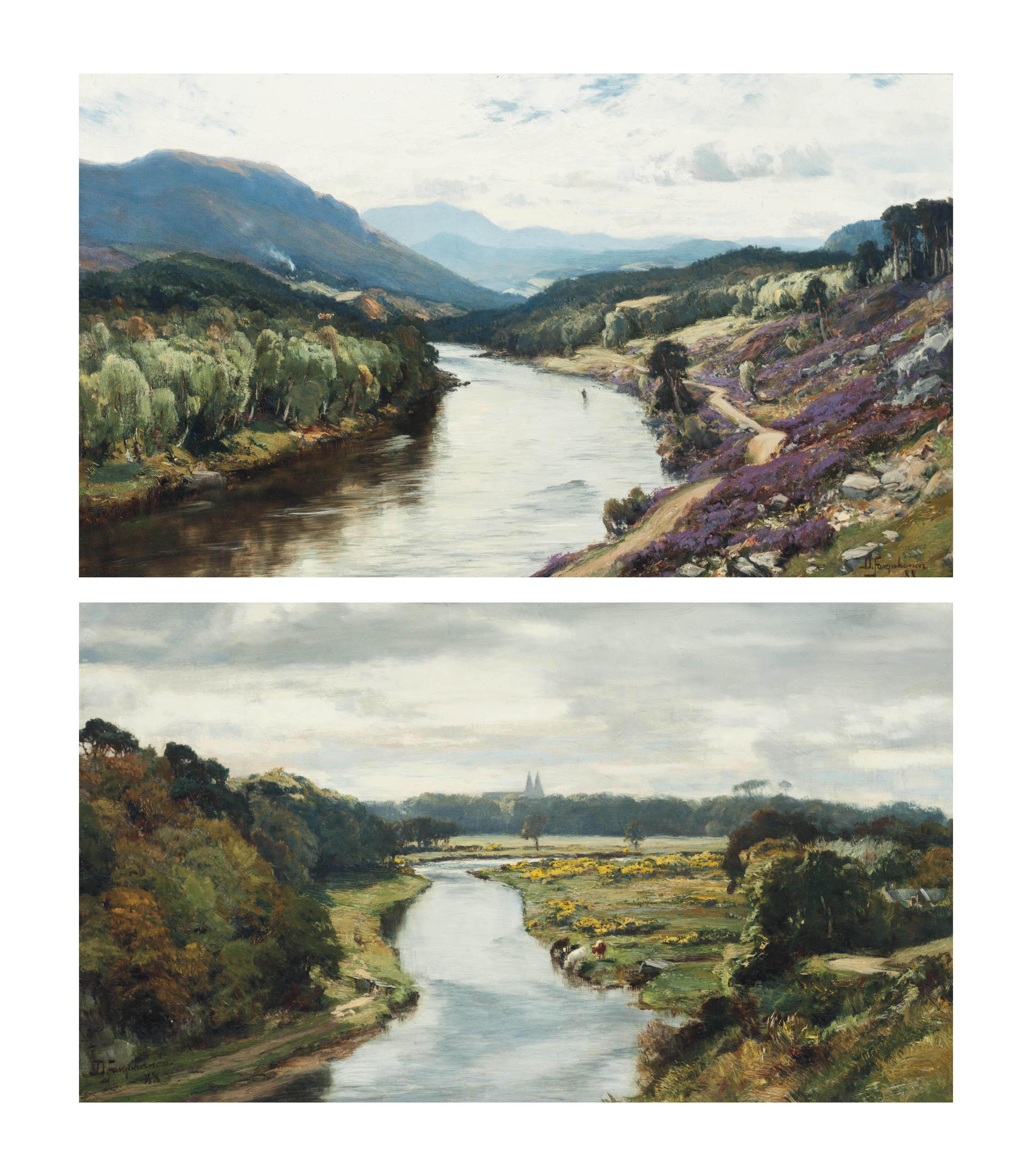 David Farquharson, A.R.A., A.R.S.A., R.S.W. - Fishing pool on the Dee; and Bridge of Don, with St Machar\'s beyond