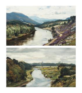 David Farquharson, A.R.A., A.R.S.A., R.S.W. - Fishing pool on the Dee; and Bridge of Don, with St Machar\'s beyond
