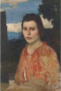 David Forrester Wilson, R.S.A. - Portrait of A Young Girl, Half-Length, In A Red Blouse