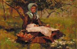 David Fulton, R.S.W. - A girl in an orchard with a basket of apples