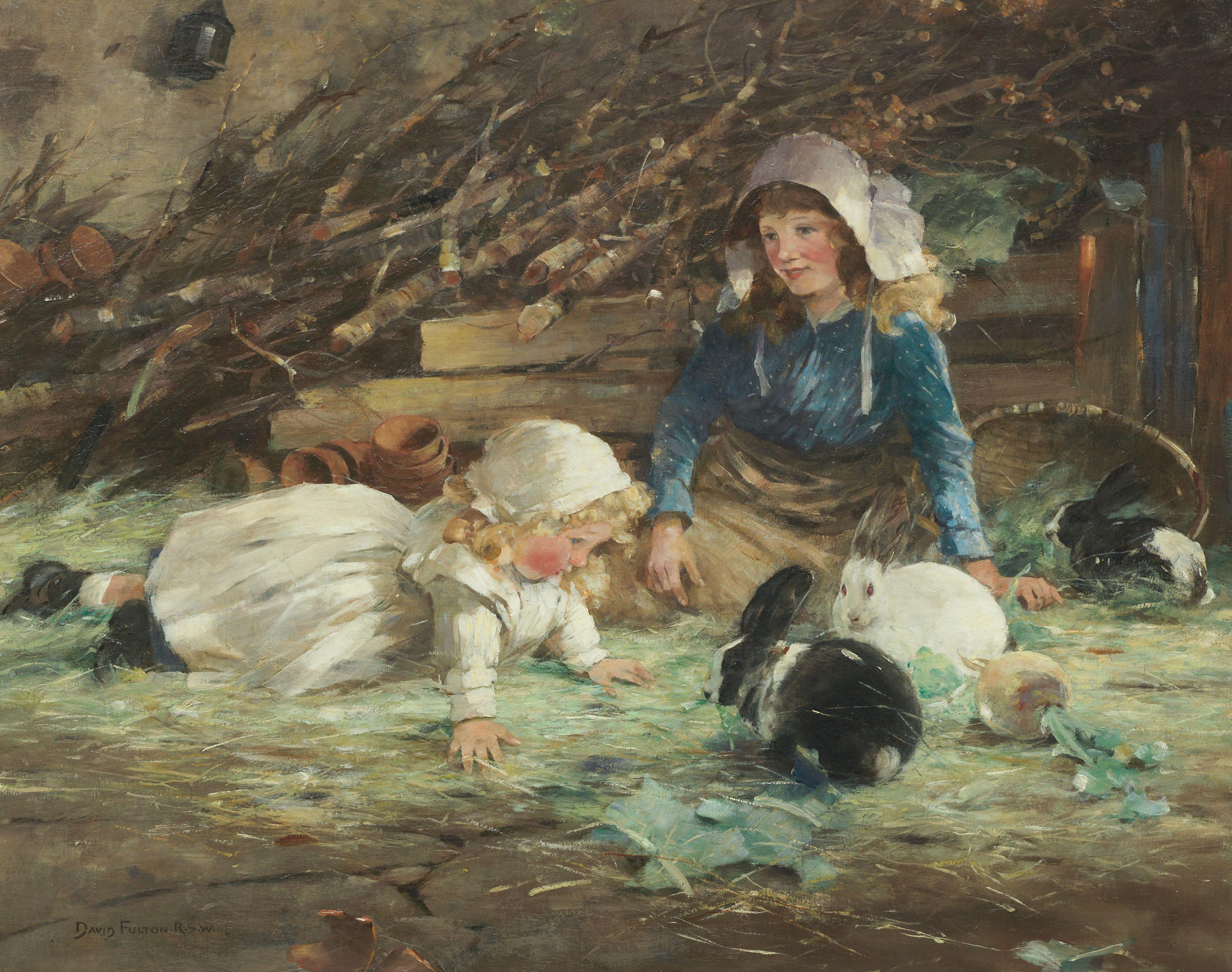 David Fulton RSW - Young girls and their pet rabbits
