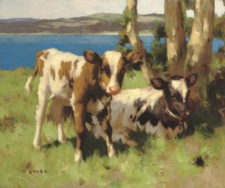 David Gauld, R.S.A. - Calves in a meadow