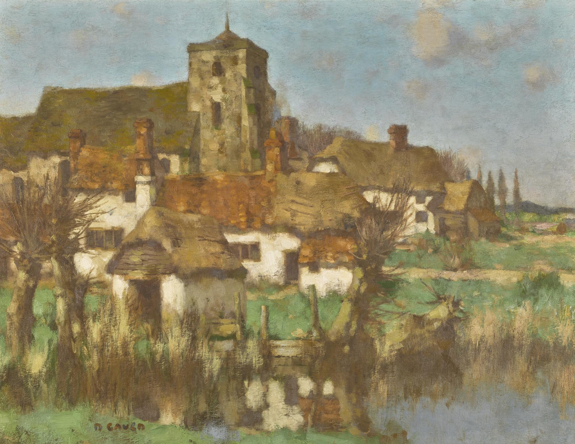 David Gauld, R.S.A. - Church And Farm Cottages By A River
