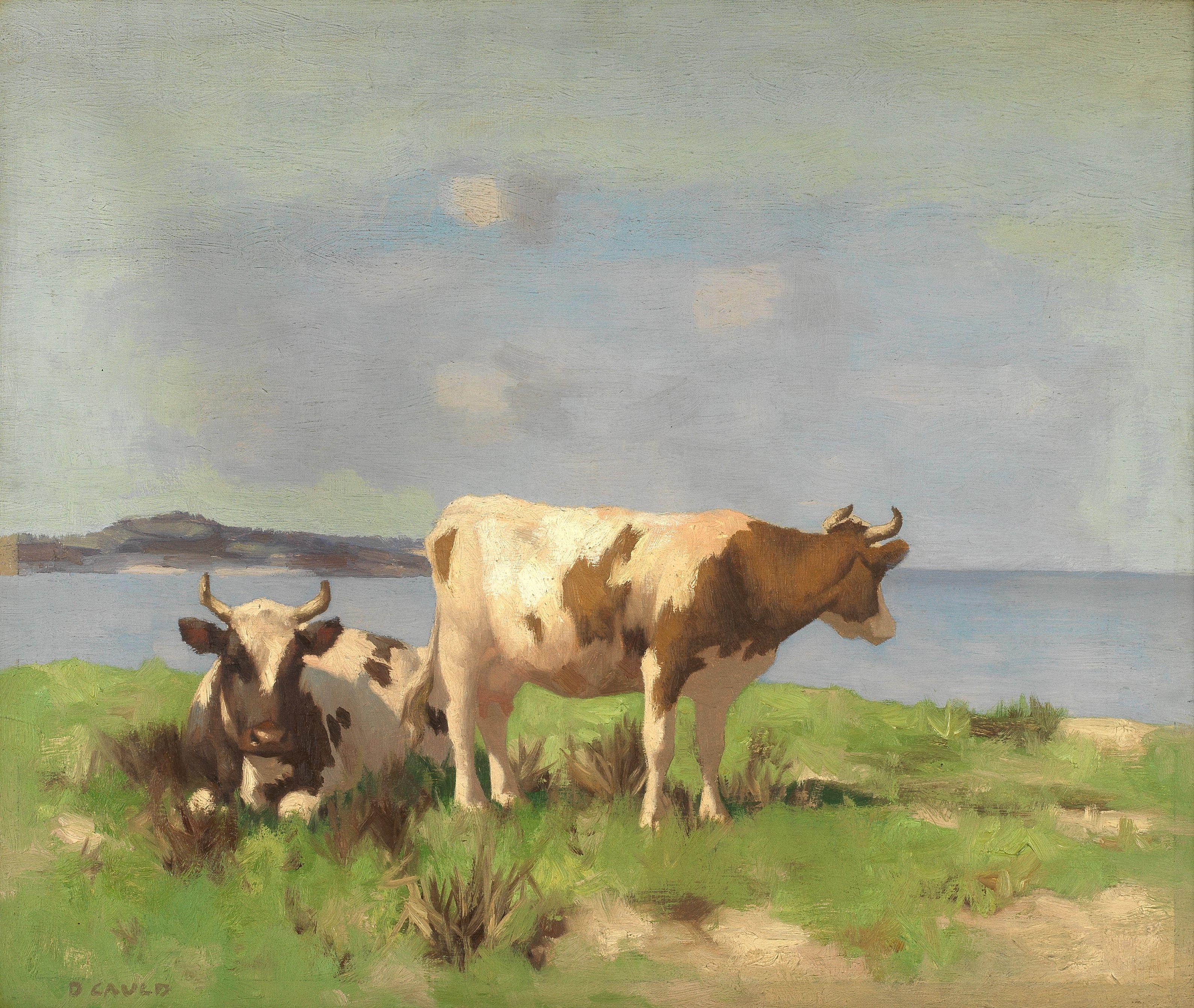David Gauld RSA - Ayrshire cattle resting by the sea