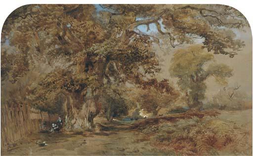 David Hall Mckewan - Figures By A Path In A Wooded Landscape, With Deer Beyond