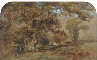 David Hall Mckewan - Figures By A Path In A Wooded Landscape, With Deer Beyond