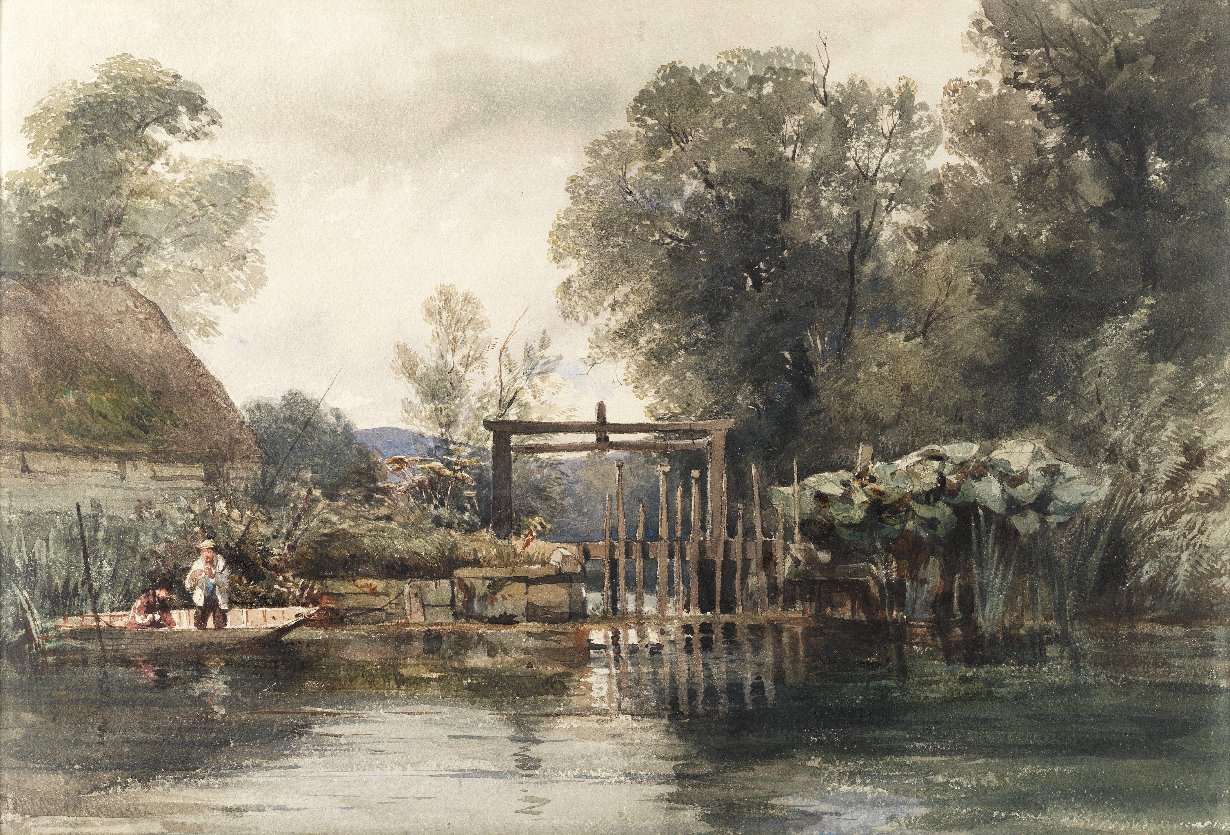 David Hall Mckewan - Two figures in a boat fishing before an eel buck