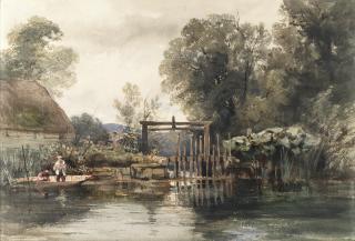 David Hall Mckewan - Two figures in a boat fishing before an eel buck