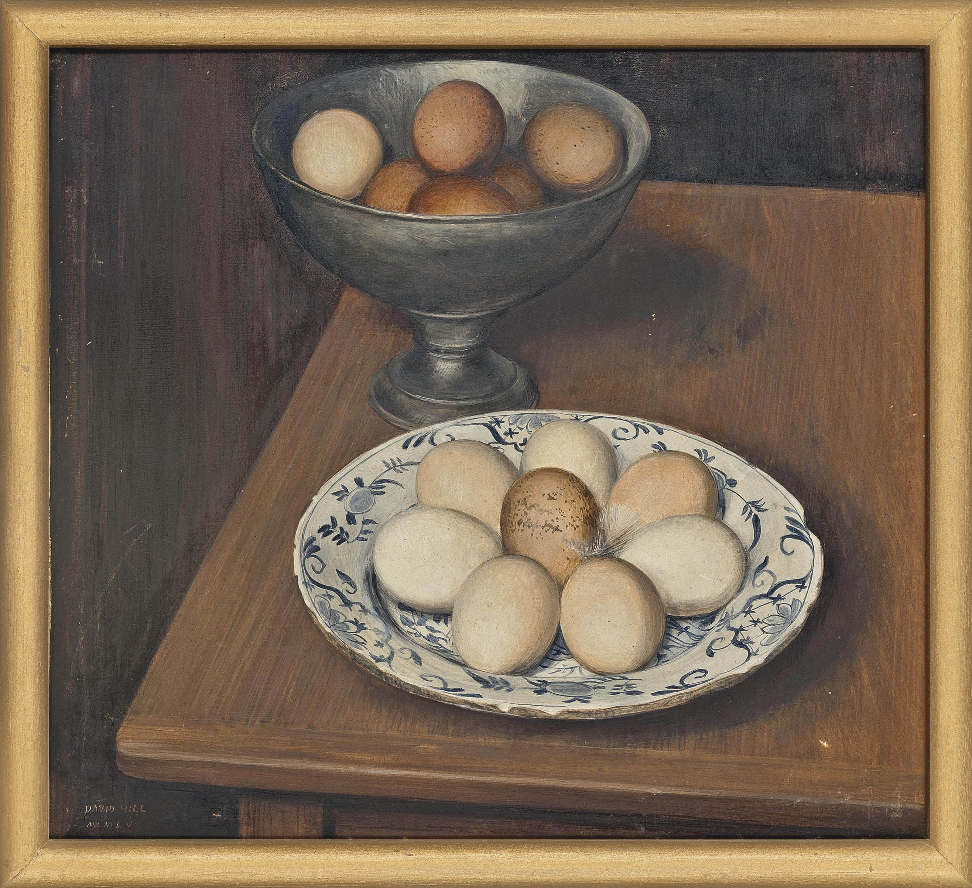 David Hill - Eggs on plate, Eggs in bowl; Eggs in a glass cup; Chocolate cream