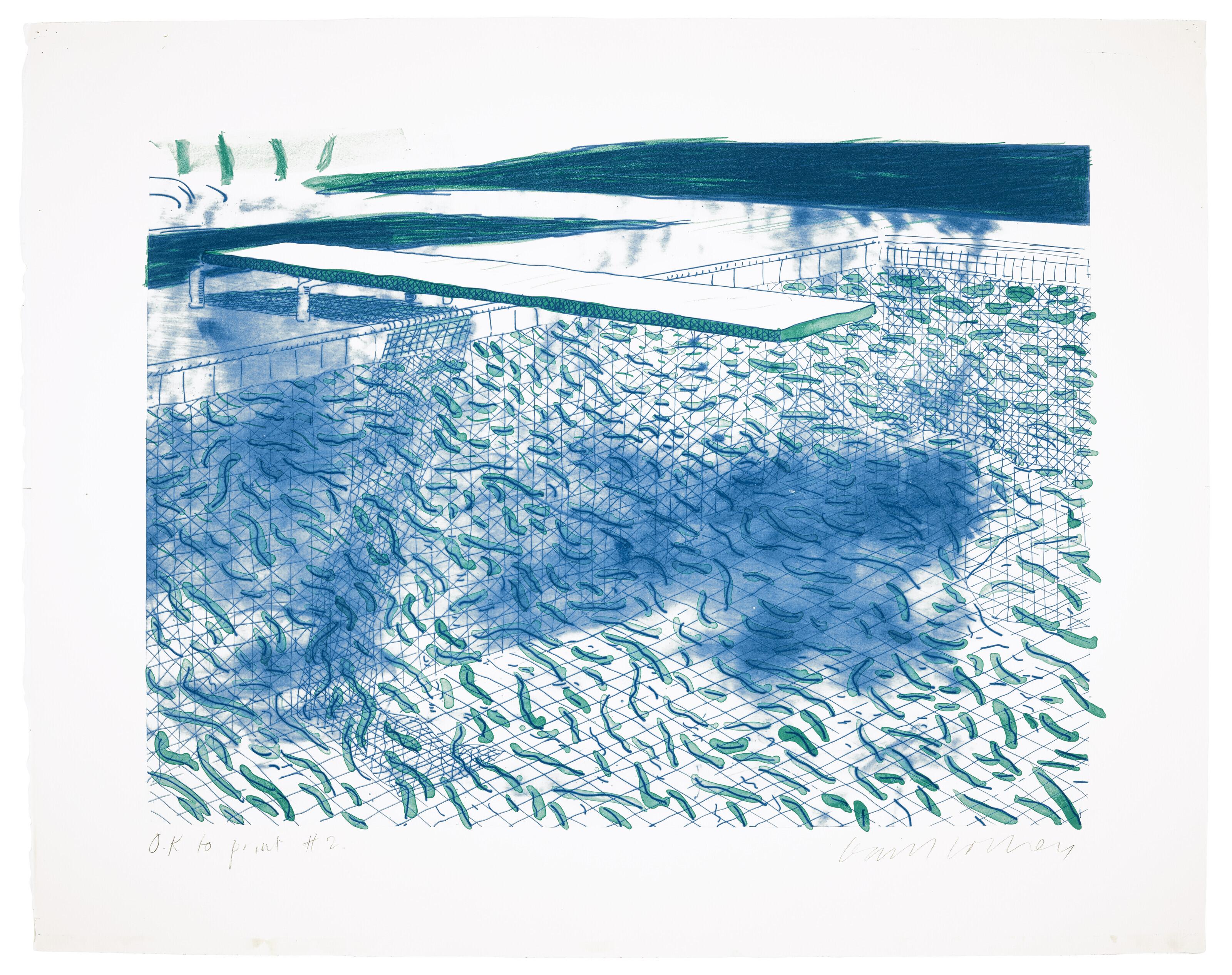 David Hockney - Lithograph of Water Made of Lines and a Green Wash