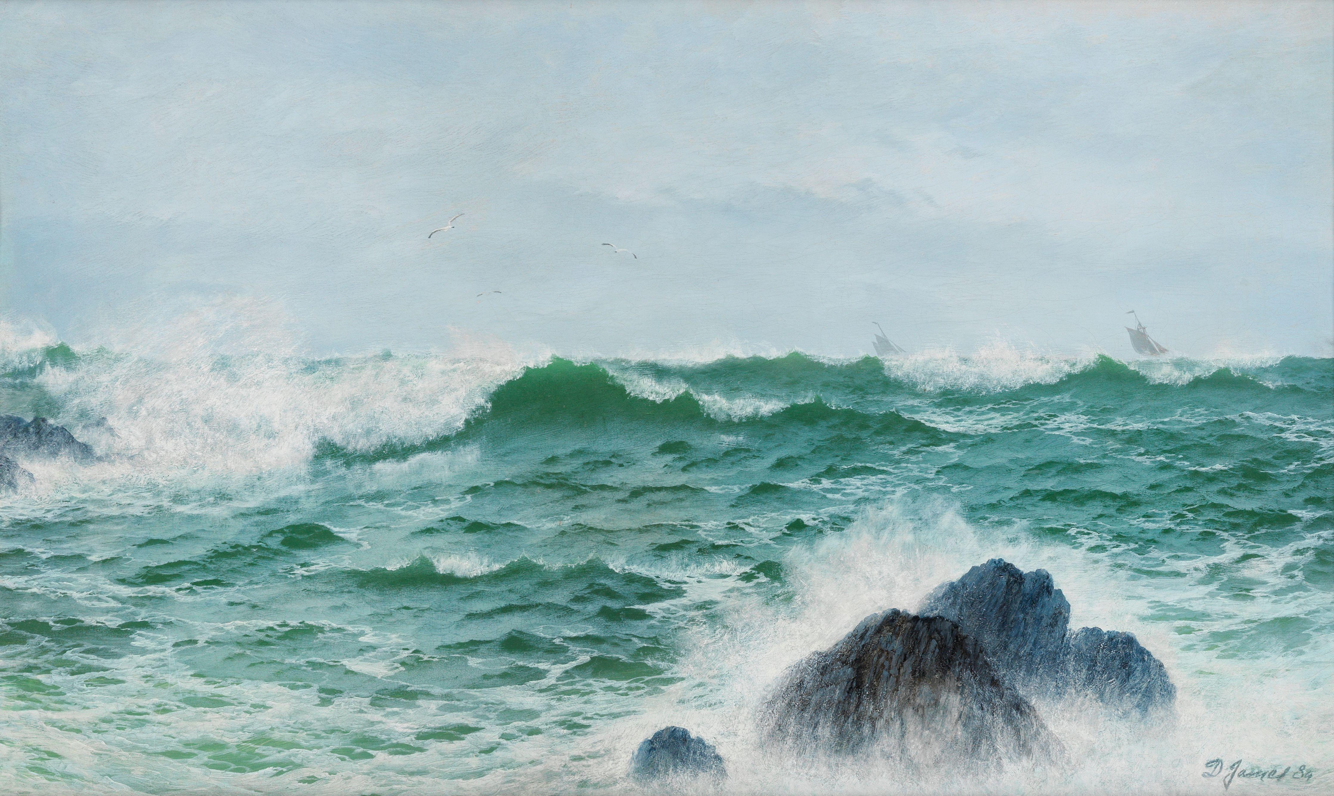 David James - Crashing waves with boats in the distance