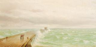 David James - Figures on a pier on a stormy day