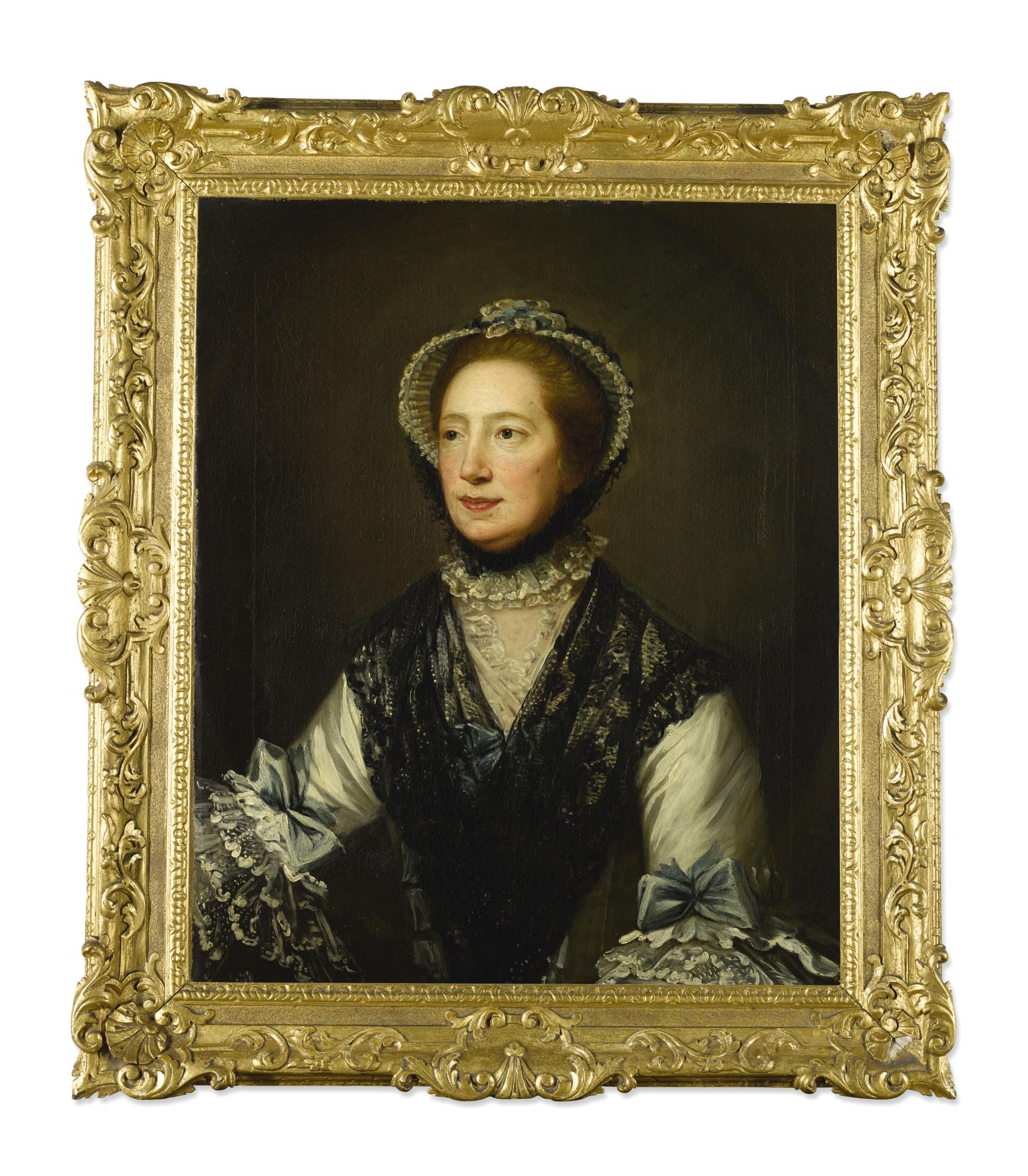 David Martin - Portrait Of A Lady, Half-Length, Wearing A White Dress With Blue Ribbons And A Black Lace Scarf