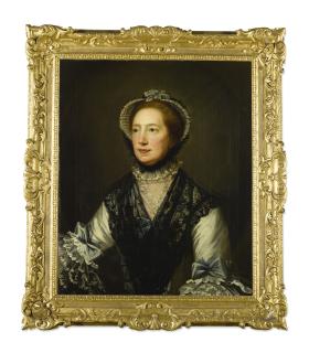 David Martin - Portrait Of A Lady, Half-Length, Wearing A White Dress With Blue Ribbons And A Black Lace Scarf
