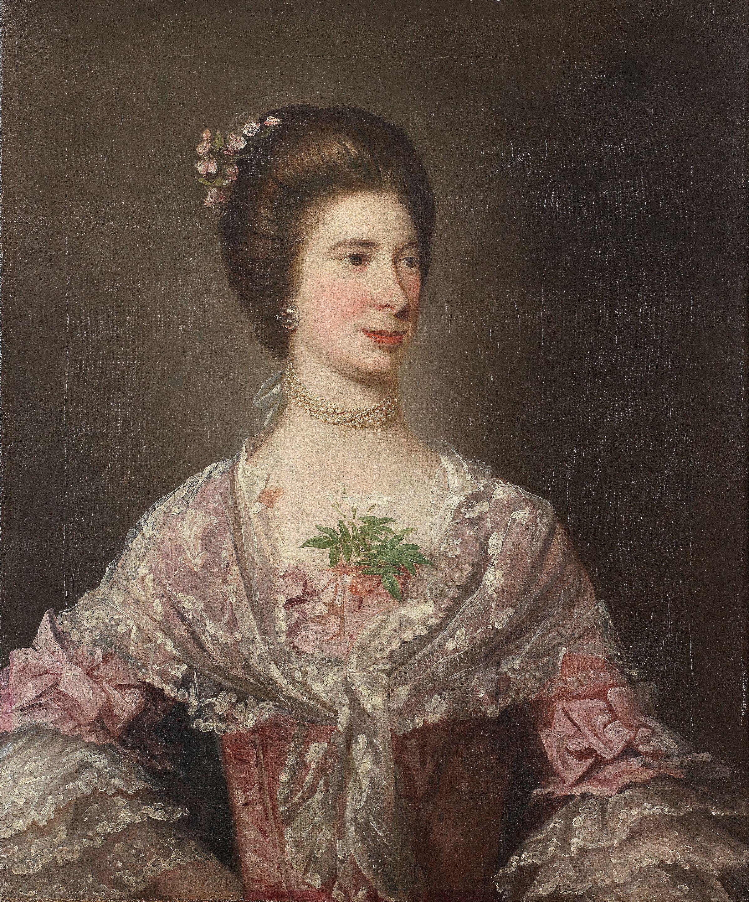 David Martin - Portrait of Katherine Smythe of Methven Castle, half-length, wearing a pink and white lace dress