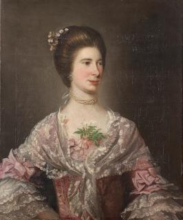 David Martin - Portrait of Katherine Smythe of Methven Castle, half-length, wearing a pink and white lace dress