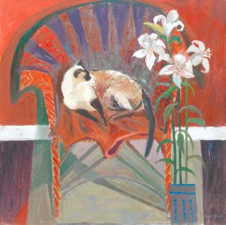 David McLeod Martin RSW RGI SSA - Resting Siamese and Lillies