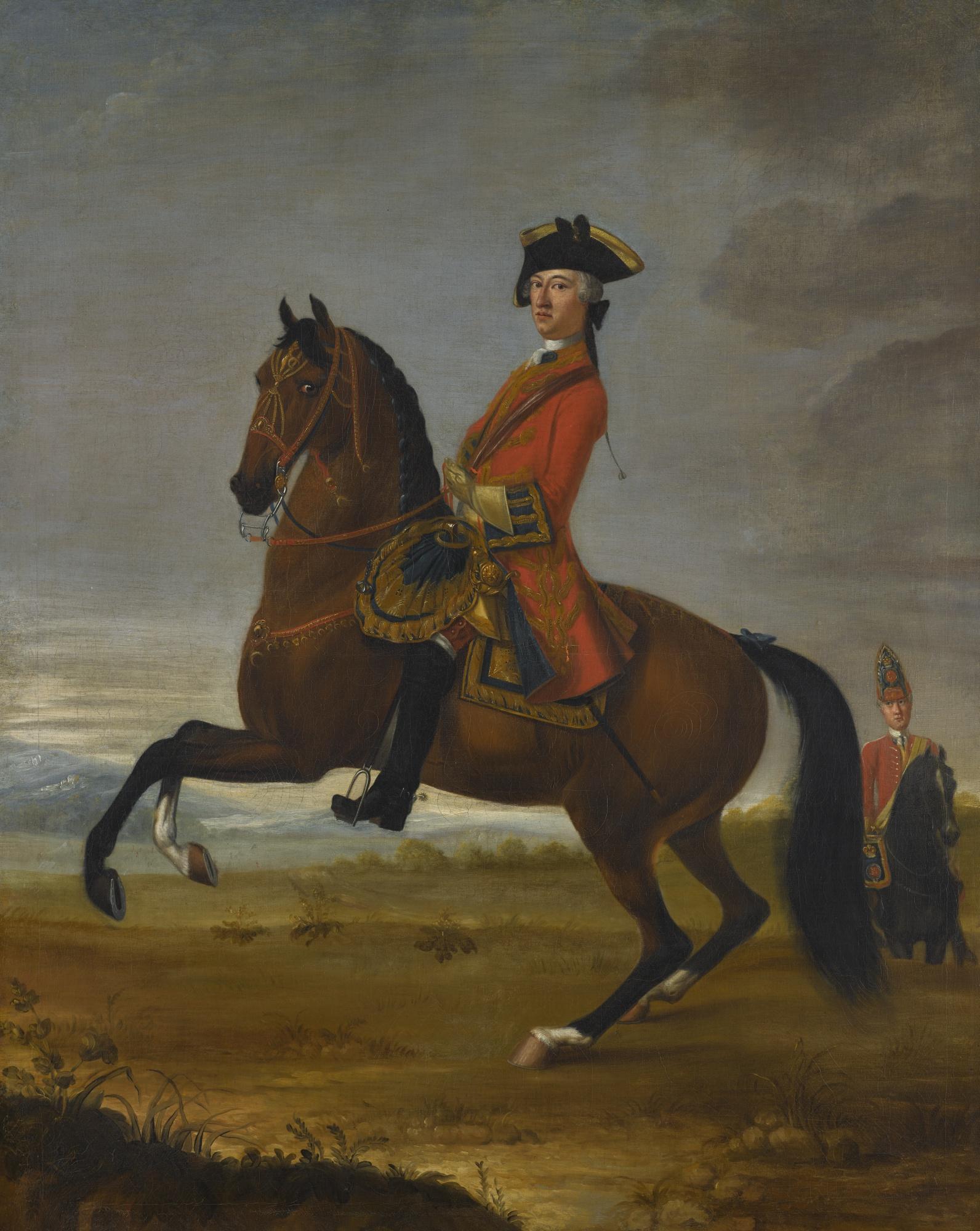 David Morier - An Equestrian Portrait Of An Officer Of The 1St Troop Of Horse Grenadier Guards On A Bay Charger, With A Trooper To The Right