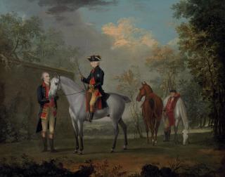 David Morier - An equestrian portrait of His Royal Highness, Edward Augustus, Duke of York and Albany (1739-1767), attended by his Equerry Sir William Boothby and Richmond, his Groom, along a wall with a landscape beyond