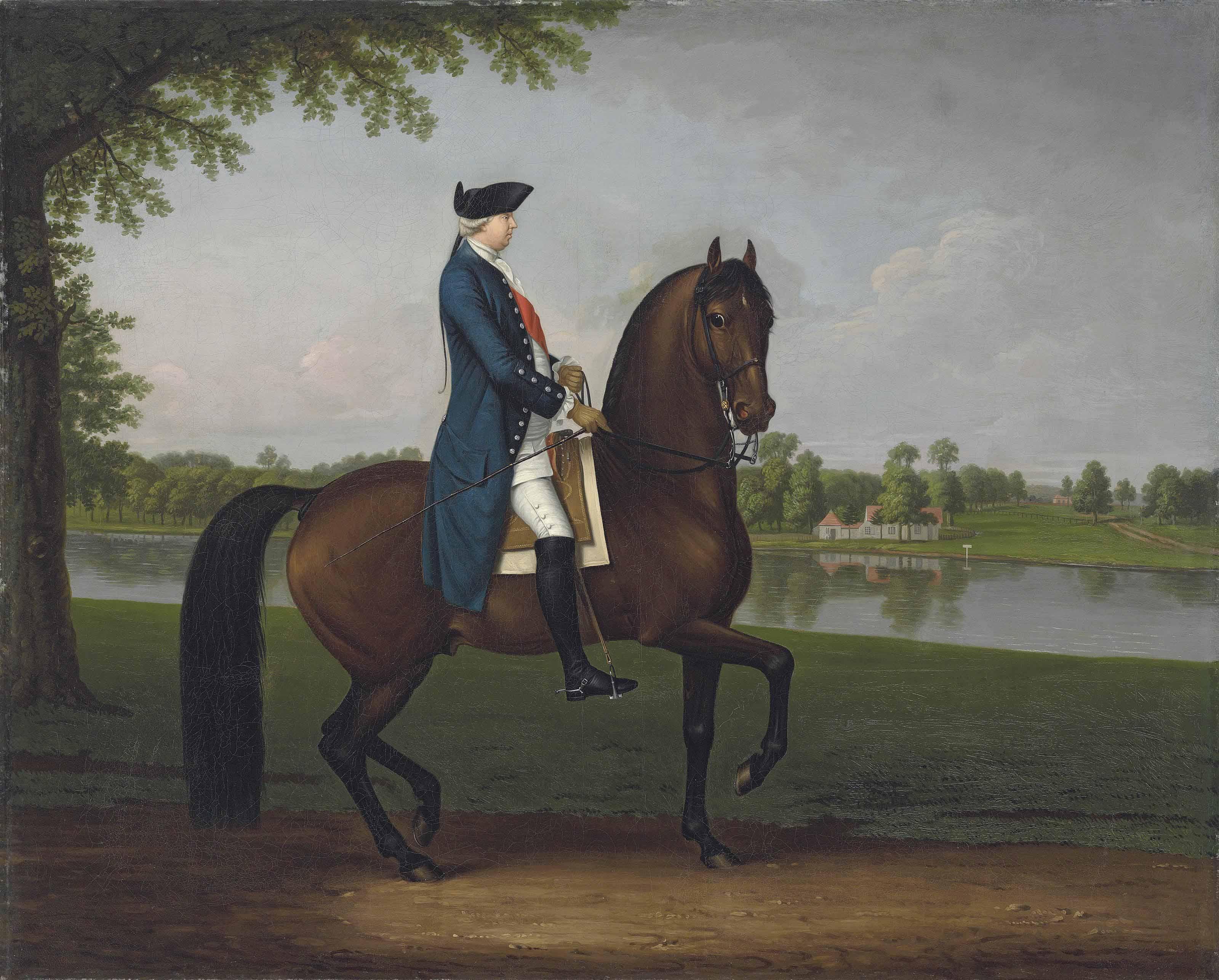 David Morier - Equestrian portrait of Prince William Augustus, Duke of Cumberland (1721-1765), full-length, mounted on his bay charger, in a blue coat, white breeches, black hat and the sash of the Order of the Bath, a view of the River Thames beyond
