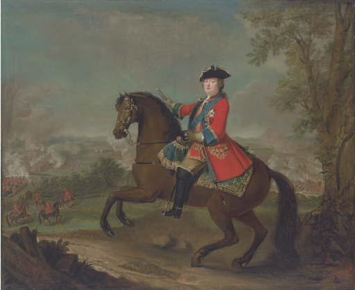 David Morier - H.R.H. William Augustus, Duke of Cumberland (1721-1765), Full Length, On Horseback, Wearing Frock Uniform of The First Guards With The Ribbon And Star of The Garter, Holding A Baton, A View To The Battle of Culloden Beyond
