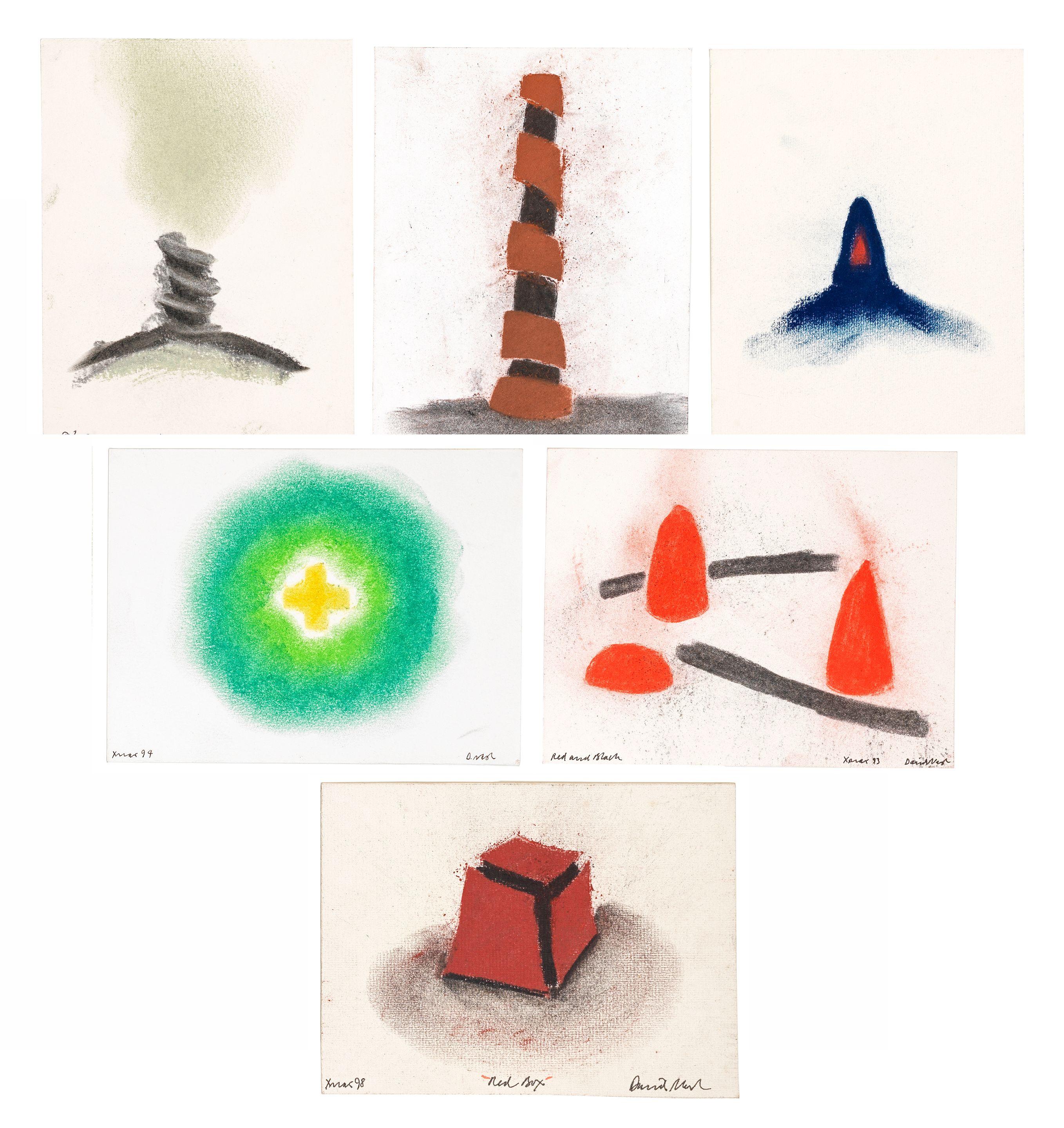 David Nash R.A. - Red Box, Red Cones, Green Circle, Tower, Large Mound, Small Mound, pastel drawing, signed and inscribed and dated XMAS, \'98, together with 3 others all inscribed with hand written notes to the recipient of the cards, Robert Hopper
