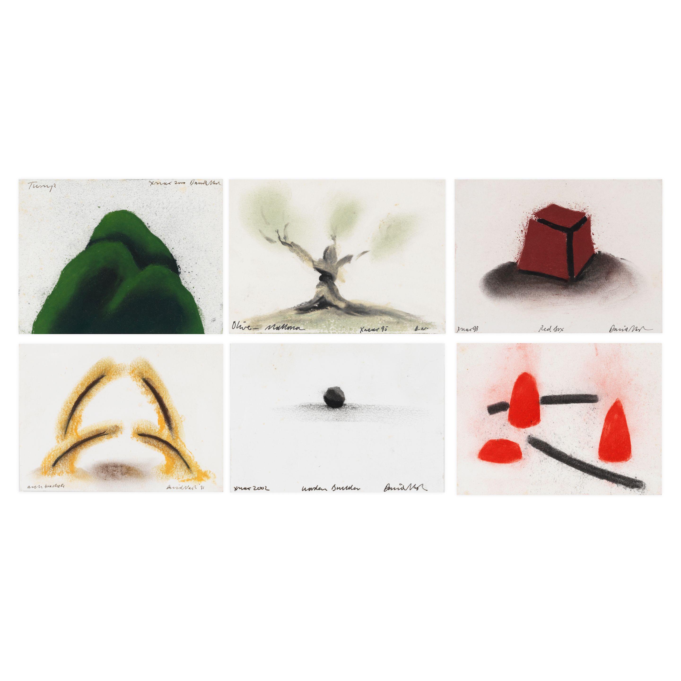 David Nash R.A. - Six Christmas Cards (Arch Brackets, Olive - Mallorca, Tump, Red Box, Wooden Boulder and Untitled) each approximately 11 x 15cm (4 5/16 x 5 7/8in) (unframed)