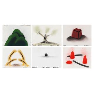 David Nash R.A. - Six Christmas Cards (Arch Brackets, Olive - Mallorca, Tump, Red Box, Wooden Boulder and Untitled) each approximately 11 x 15cm (4 5/16 x 5 7/8in) (unframed)