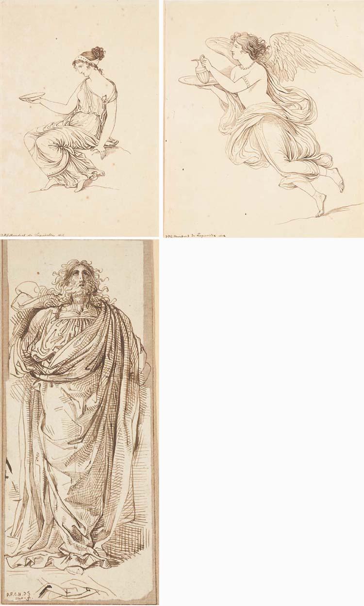 David-Pierre-Giottino Humbert De Superville - A seated woman in profile to the left holding a plate; An angel holding a carafe on a plate; and A draped bearded man looking up