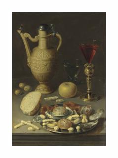 David Rijckaert Ii - A stoneware ewer, a Berkemeyer and a conical glass in a bekerschroef, with confectionary in a silver platter, on a ledge