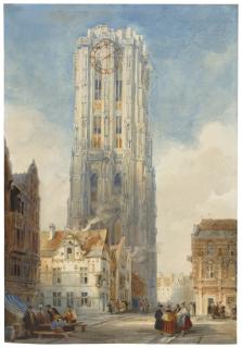 David Roberts, R.A. - Street scene in Malines (Mechelen), Belgium, with the cathedral