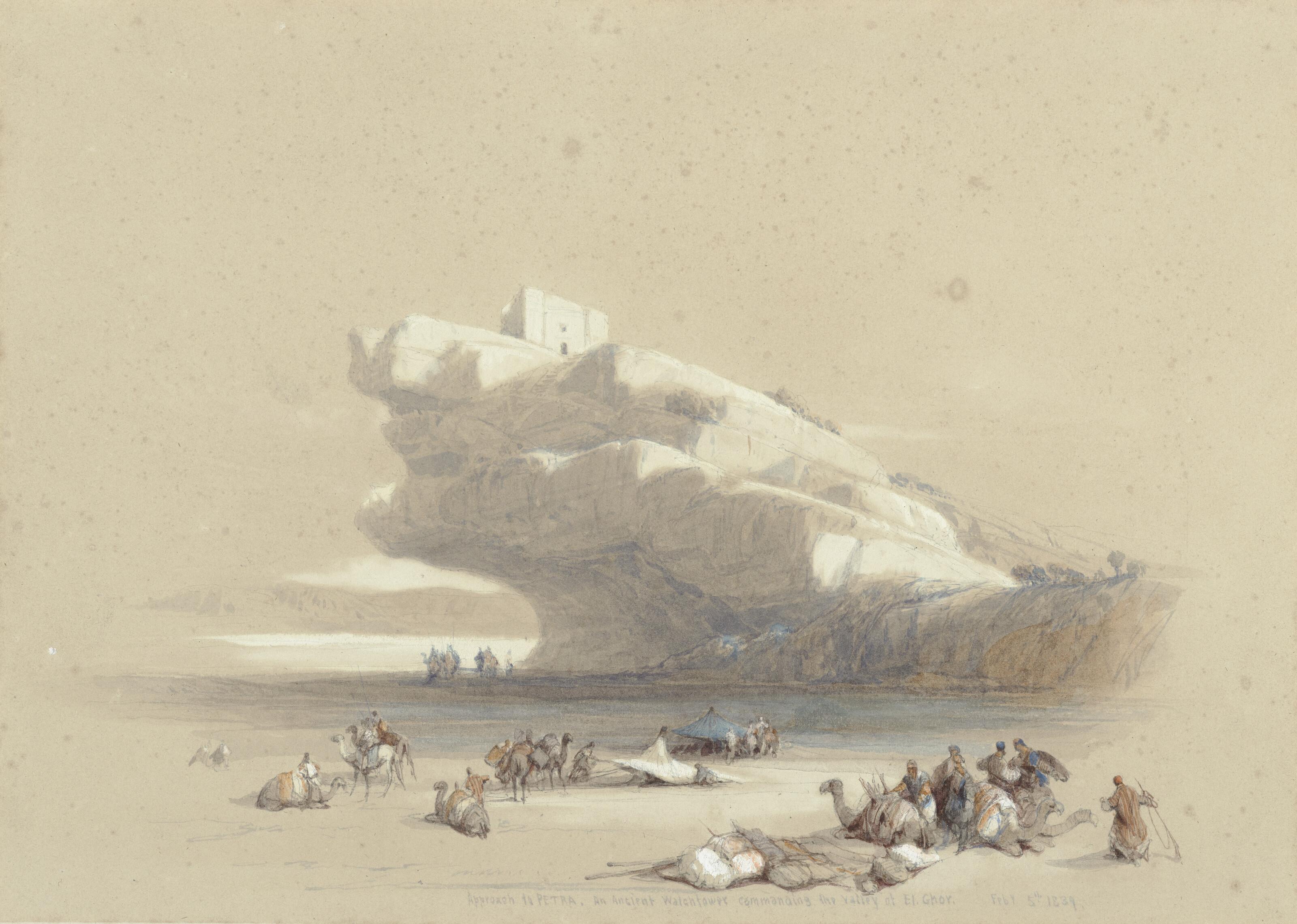 David Roberts, R.A. - The approach to Petra, looking up to an ancient watchtower