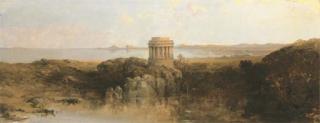 David Roberts, R.A. - The Entrance to the Firth of Forth, with a proposed reconstruction of the Temple of the Sybil, at Tivoli, on the rock of Dunsapie, near Queen\'s Drive, in Queen\'s Park, Edinburgh