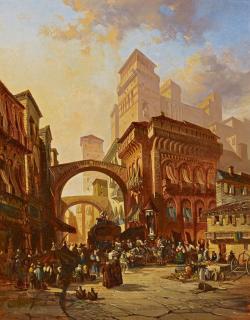 David Roberts - Ankunft der Postkutsche auf einem spanischen Markt. Sevilla (?).