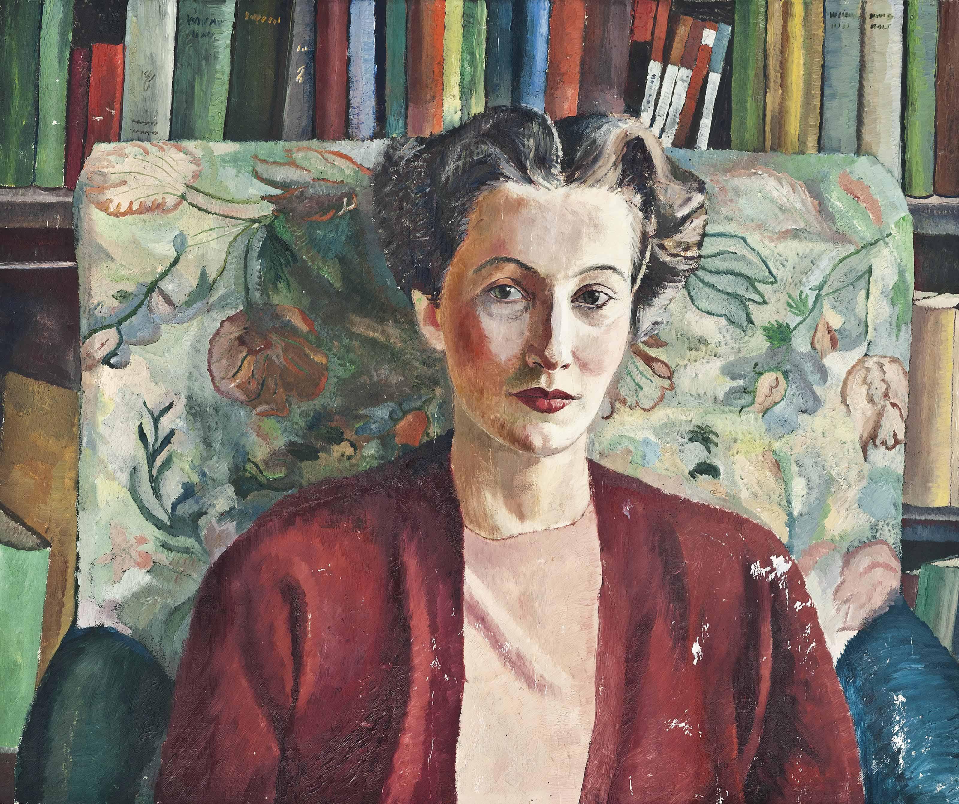 David Rolt - Portrait Of A Lady In Red, In A Library