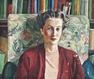 David Rolt - Portrait Of A Lady In Red, In A Library