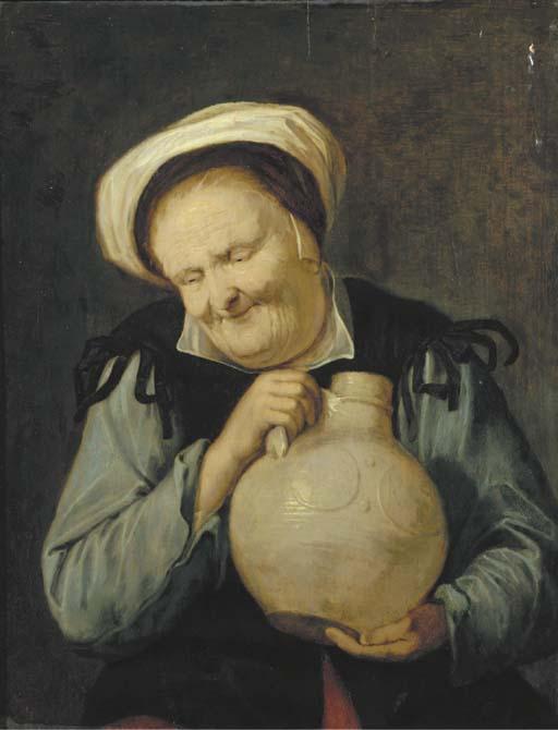 David Ryckaert III - An Old Woman Holding A Stoneware Vessel