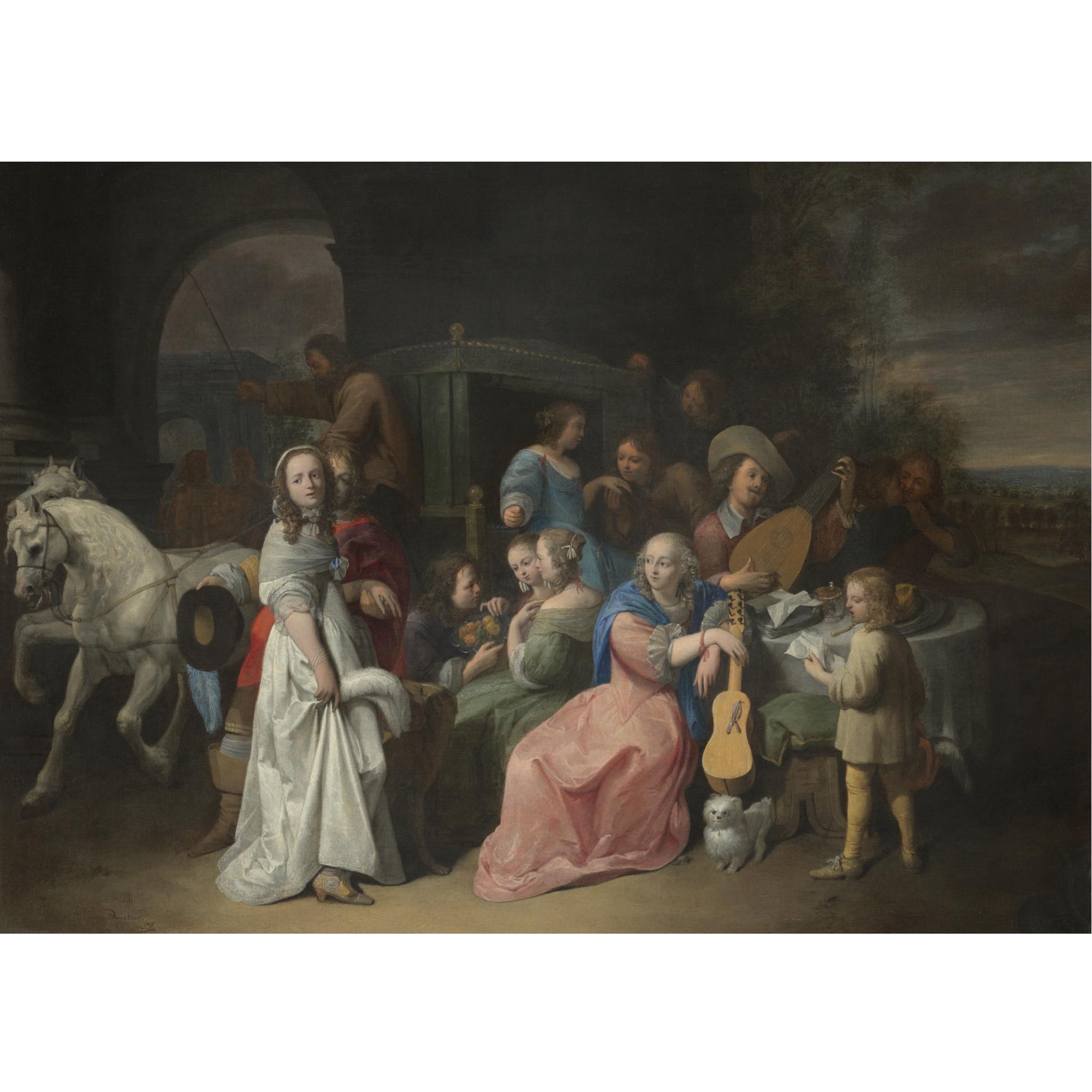 David Ryckaert III - An Outdoor Scene With An Elegant Company Attending And Playing Music, A Carriage Arriving In The Background