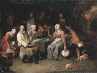 David Ryckaert III - Peasants merrymaking around a table with a wooded evening landscape beyond