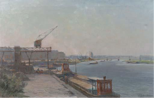 David Schulman - De Maas bij Venlo: cargo vessels along a quay